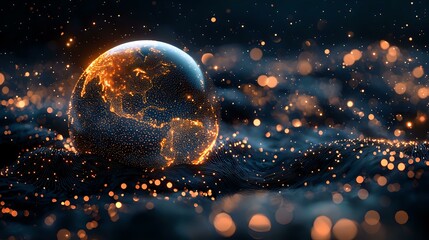 Poster - Glowing planet Earth with golden light effects and sparkles against dark space background, showing illuminated continents and cosmic atmosphere.