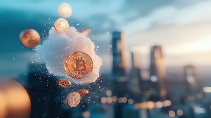 Poster - Glowing cryptocurrency coins floating in clouds against blurred urban skyline background with bokeh lights, modern financial technology concept.