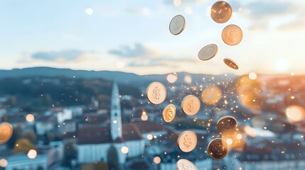 Poster - Falling golden coins against blurred cityscape with church spire at sunset, creating magical financial prosperity scene with bokeh light effects and sparkles.