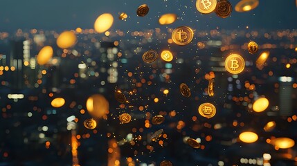 Poster - Glowing cryptocurrency symbols floating over blurred urban nighttime cityscape with bokeh lights, representing digital finance and blockchain technology.