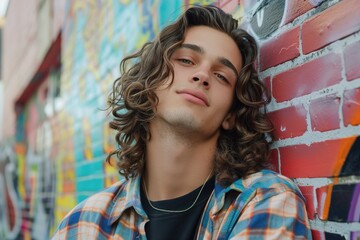 Wall Mural - A young Caucasian male with curly hair poses against a vibrant graffiti wall, exuding confidence and style. Urban Trendsetter, Edgy Urban