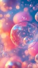 Poster - Floating soap bubbles against dreamy pink and blue bokeh background create magical atmosphere with light reflections and transparent spheres for fantasy designs.