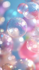 Poster - Magical soap bubbles floating in dreamy pink and blue atmosphere with sparkling bokeh lights and reflections creating ethereal mood for fantasy backgrounds.
