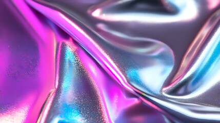Poster - Holographic iridescent fabric with pink and blue metallic sheen creates smooth flowing waves and folds, featuring glitter sparkle effect and shimmering surface.