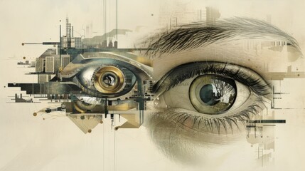 Aufkleber - A striking mix of a human eye and futuristic cityscape details, creating an imaginative vision of technology and human connection in abstract art. AI generated.