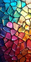 Poster - Colorful mosaic pattern with irregular shapes in vibrant gradient from blue to pink and orange, featuring glossy textured surfaces with water droplet effect.