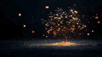 Poster - Magical glowing tree with luminous orange particles and light orbs against dark background, creating ethereal atmosphere for fantasy and spiritual designs.