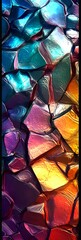 Poster - Abstract mosaic pattern with vibrant gradient colors from deep blue to fiery orange, featuring crystalline shapes with glossy, textured surfaces and dark borders.