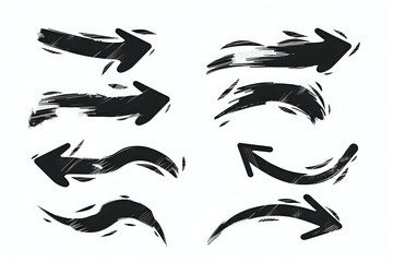 Poster - Black brush stroke arrows with dynamic grunge texture, isolated on white background for graphic design, logos and artistic projects.
