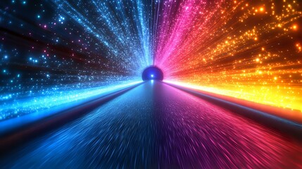 Poster - Futuristic light tunnel with vibrant blue, pink and orange glowing particles creating dynamic motion effect. Abstract digital background for technology concepts.