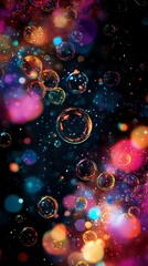 Poster - Magical soap bubbles floating in dark space with colorful bokeh lights creating dreamy atmosphere. Vibrant pink, blue and orange blurred background with glowing effects.