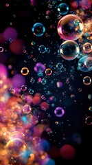 Poster - Colorful soap bubbles floating in dark space with vibrant bokeh lights creating magical atmosphere against black background. Macro photography with selective focus.