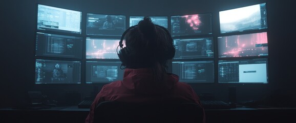 Poster - Cybersecurity Specialist Monitoring Multiple Screens