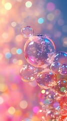 Poster - Delicate soap bubbles floating against dreamy pink and blue bokeh background, with iridescent reflections creating magical atmosphere for fairy tale designs.