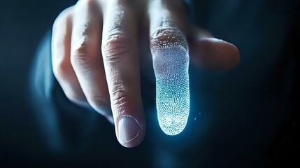Poster - Glowing blue bioluminescent finger tip in dark background shows futuristic biotechnology concept with dramatic lighting and mysterious atmosphere.