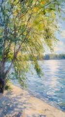 Wall Mural - Sunny summer day by the riverbank, tree branches hanging over the water, sunlight reflecting on the surface.