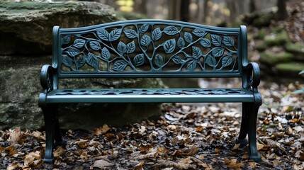 Wall Mural - A green bench with leaves carved into it sits in a forest