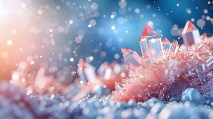 Poster - Magical winter macro shot of delicate ice crystals and frost formations glowing in pink and blue light with dreamy bokeh background, creating ethereal seasonal atmosphere.