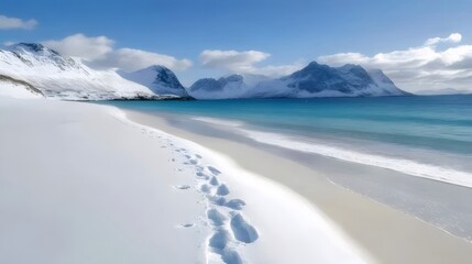 Wall Mural - Snow covered beach with footprints leading to turquoise ocean and mountains.