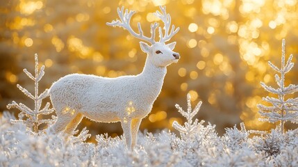 Poster - White reindeer figurine in snowy forest at sunset; winter holiday card