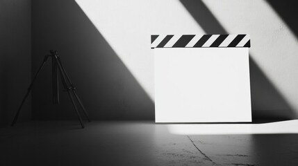 Poster - Clapperboard and tripod in studio with dramatic lighting casting shadows on white wall. Generative AI