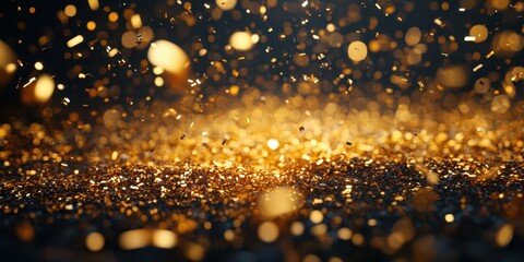 Wall Mural - Golden particles shimmer in motion under dramatic lighting creating a stunning visual effect during an artistic display
