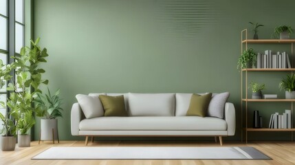 Wall Mural - Modern living room interior with green wall, white sofa, plants, and shelving.