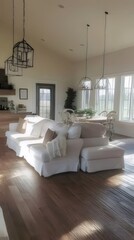 Wall Mural - Bright, airy living room with hardwood floors, white sofas, and large windows.