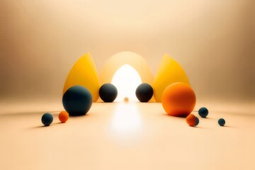 Wall Mural - Abstract 3D rendering of colorful spheres and shapes illuminated by a bright light source.