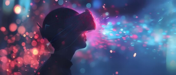 Canvas Print - Person wearing VR headset, experiencing vibrant virtual reality.