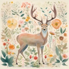 Wall Mural - Majestic deer standing amidst a vibrant, blooming meadow of wildflowers.