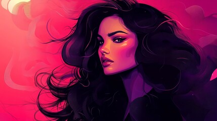 Poster - Stylish woman portrait with flowing dark hair against a vibrant pink background.