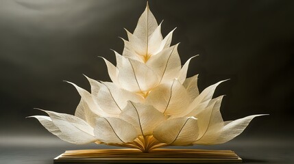 Poster - Artistic arrangement of illuminated skeleton leaves forming lotus flower shape on open book pages against dark background, creating magical glowing effect.