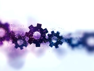 Poster - Mechanical gears with glowing particles on purple and blue gradient background create dynamic technological composition for business presentations.