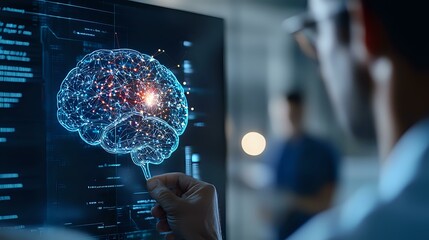 Poster - Digital brain hologram on medical display with doctor analyzing neural activity data in modern hospital laboratory for neuroscience research and diagnosis.