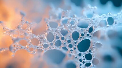 Poster - Macro photography of soap bubbles forming abstract pattern with orange and teal gradient background. Artistic close-up shows delicate foam structure.
