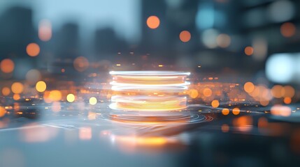 Poster - Glowing orange light rings with bokeh effect on reflective surface against blurred urban background create futuristic technological atmosphere.