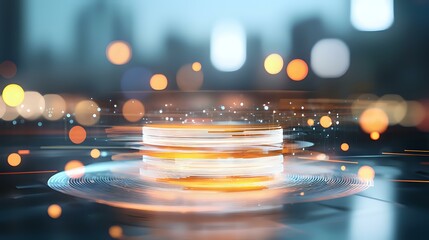 Poster - Glowing circular platform with light rings on reflective surface amid blurred city lights and bokeh effects creates futuristic technological atmosphere.