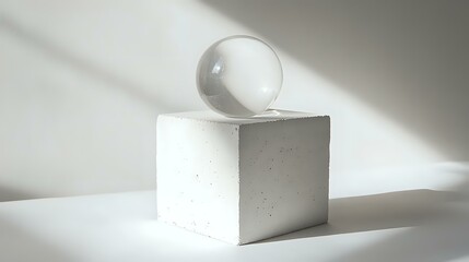 Poster - Clear glass sphere on white cube pedestal casting dramatic shadows in minimalist composition against neutral background. For modern design and art concepts.