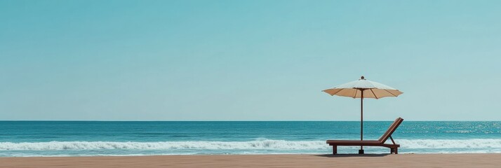 Aufkleber - Relaxing beach escape with a lounge chair and umbrella under a clear blue sky and gentle ocean waves. Generative AI
