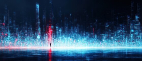 Poster - Solitary Figure in a Digital Metropolis: A Cyberpunk Dreamscape