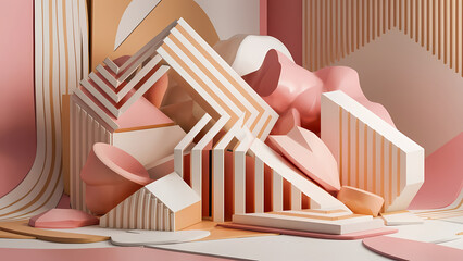 Poster - A Geometric Abstract Background Featuring Soft Pastel Colors Include Stripes, Corners, Facets, and Triangles That Intertwine Seamlessly - Digital Art