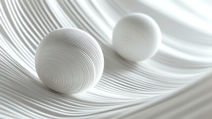 Poster - White spheres on curved striped surface creating minimalist composition with light and shadow play. Clean monochromatic design for modern interior decor and advertising.