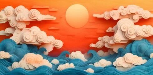 Wall Mural - Paper art sunset over ocean waves and clouds.