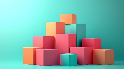 Poster - Colorful geometric cubes arranged in abstract composition against turquoise background, featuring coral pink, orange and mint green boxes in minimalist style.