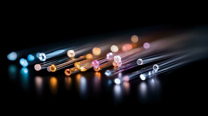 Poster - Glowing fiber optic cables with colorful light trails on dark background, modern telecommunications technology concept for high-speed internet and data transfer.