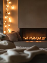 Wall Mural - Cozy living room with candles and warm lights creating tranquil atmosphere during evening hours. Generative AI