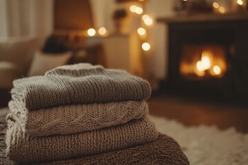 Poster - Cozy knitted sweaters stacked on a table with warm fire glow in a comfortable living room during winter evening. Generative AI
