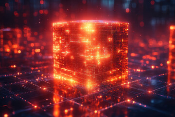 Poster - a futuristic glowing cube made up of many tiny digital elements resembling code or microchips.  