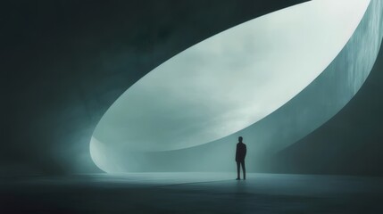 Wall Mural - Silhouette of person in futuristic, dark, curved, interior space.